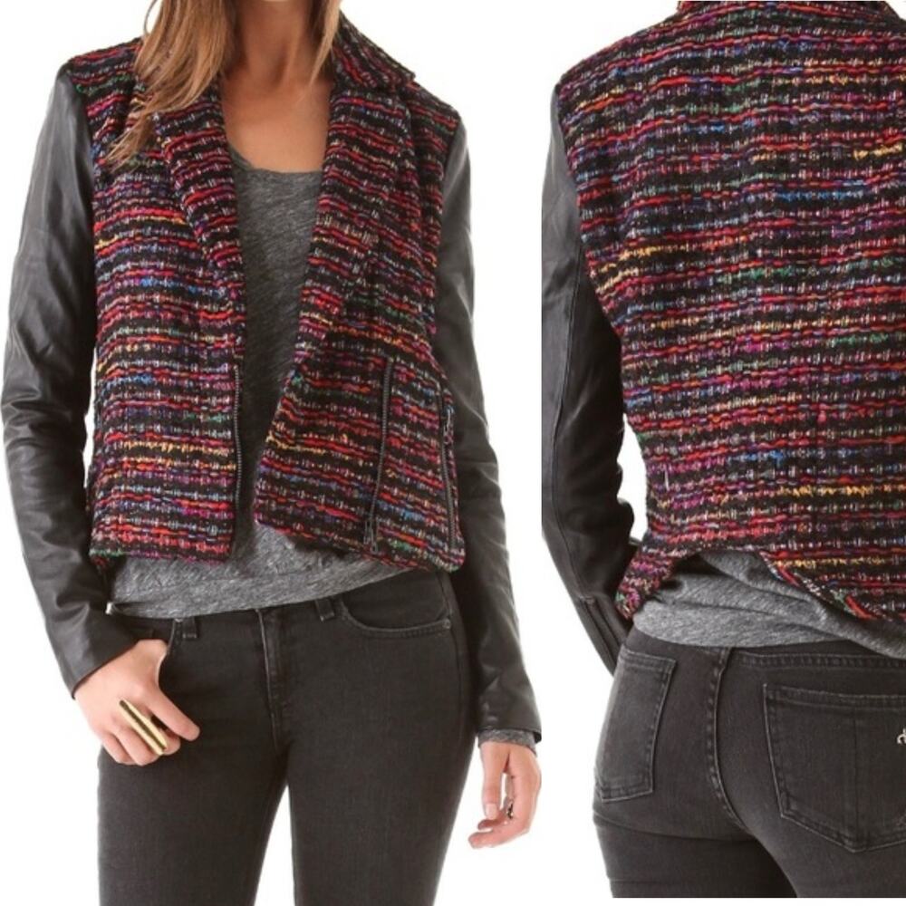 Torn by Rony Kobo Womens Leather Tweed Moto Jacket Size XS Colorful Chunky ZIp